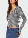 Buttoned Striped Long Sleeve T-Shirt S-XL