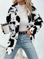 Cow Print Collared Neck Button Up Fuzzy Jacket S-XL