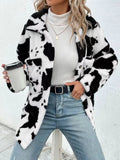 Cow Print Collared Neck Button Up Fuzzy Jacket S-XL