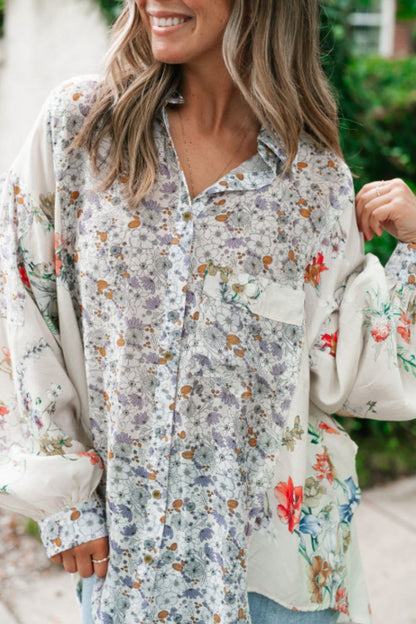 Floral Collared Neck Long Sleeve Shirt S-XL