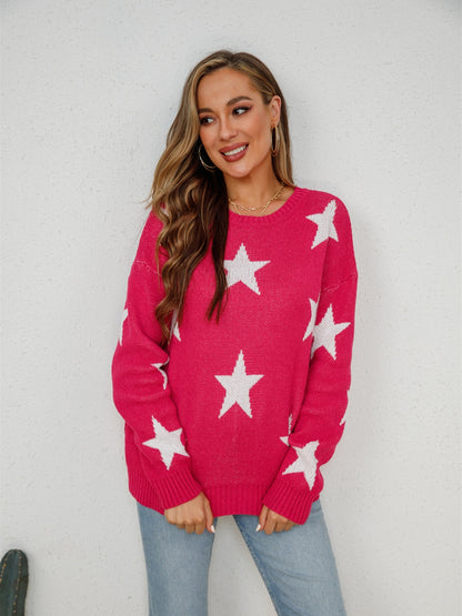 Angel Wings Star Round Neck Dropped Shoulder Sweater S-XL