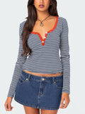 Buttoned Striped Long Sleeve T-Shirt S-XL