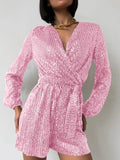 Full Size Sequin Surplice Tie Waist Long Sleeve Romper S-3XL