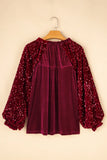 Sequin Notched Long Sleeve Blouse S-XL