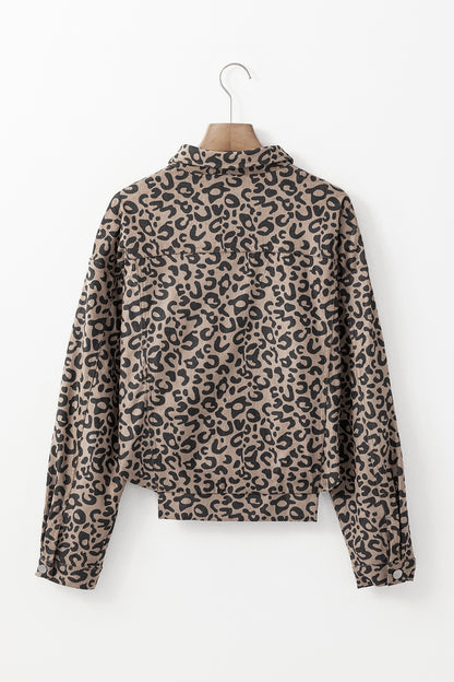 Asymmetrical Hem Collared Neck Leopard Jacket S-XL