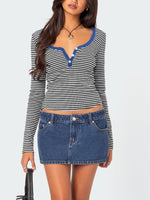 Buttoned Striped Long Sleeve T-Shirt S-XL