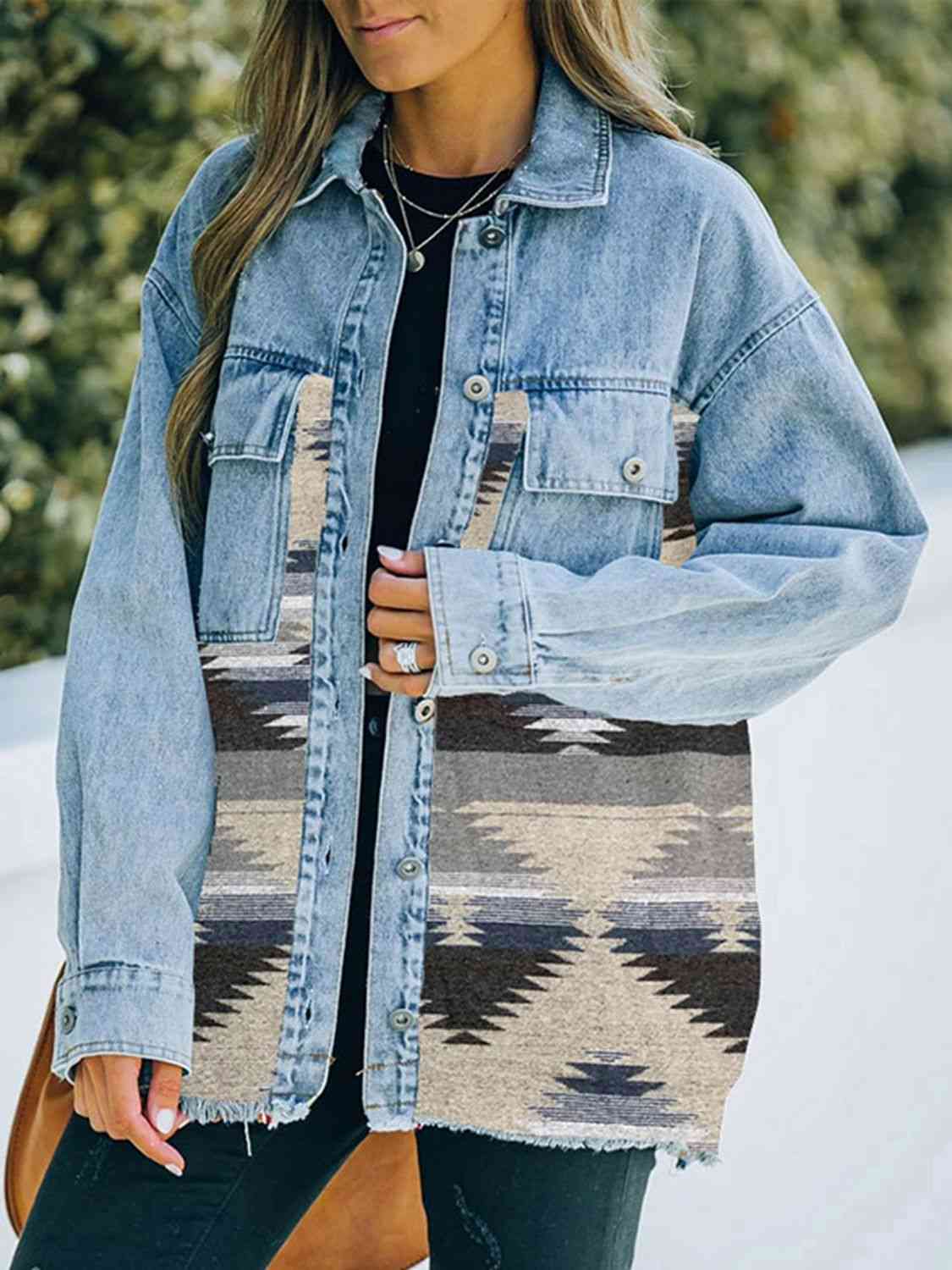 Collared Neck Dropped Shoulder Denim Jacket S-XL