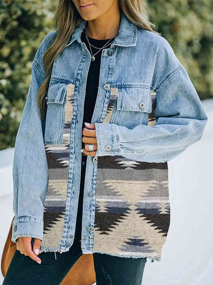 Collared Neck Dropped Shoulder Denim Jacket S-XL