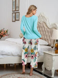 Pajamas Round Neck Top and Printed Pants Lounge Set S-XL