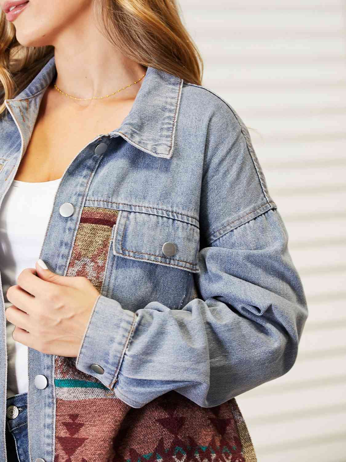 Collared Neck Dropped Shoulder Denim Jacket S-XL