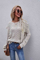 Openwork Round Neck Ruffled Sweater S-XL