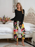 Pajamas Round Neck Top and Printed Pants Lounge Set S-XL