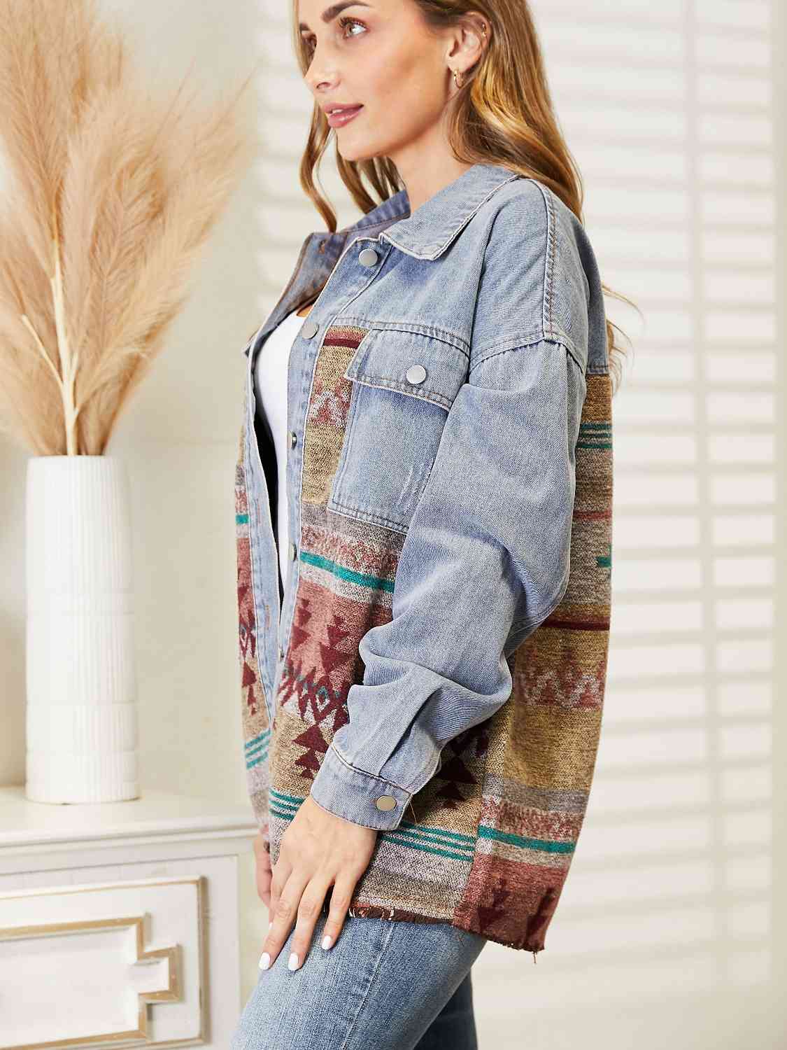 Collared Neck Dropped Shoulder Denim Jacket S-XL