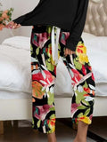 Pajamas Round Neck Top and Printed Pants Lounge Set S-XL