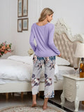 Pajamas Round Neck Top and Printed Pants Lounge Set S-XL