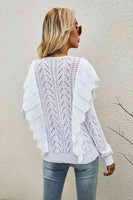 Openwork Round Neck Ruffled Sweater S-XL