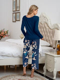 Pajamas Round Neck Top and Printed Pants Lounge Set S-XL