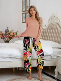 Pajamas Round Neck Top and Printed Pants Lounge Set S-XL