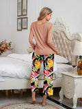 Pajamas Round Neck Top and Printed Pants Lounge Set S-XL