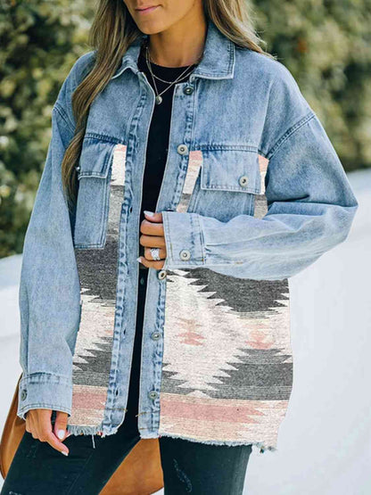 Collared Neck Dropped Shoulder Denim Jacket S-XL