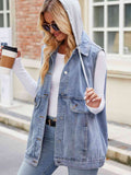 Drawstring Hooded Sleeveless Denim Jacket S-XL