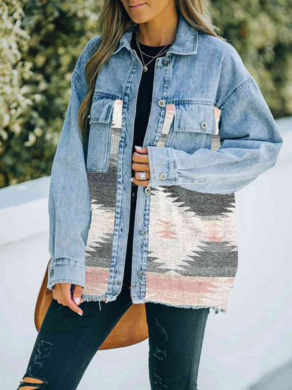 Collared Neck Dropped Shoulder Denim Jacket S-XL