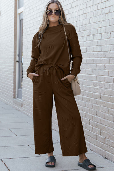 US Double Take Long Sleeve Top and Drawstring Pants Set S-3XL