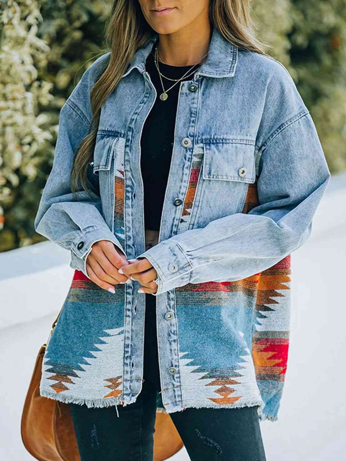 Collared Neck Dropped Shoulder Denim Jacket S-XL