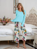 Pajamas Round Neck Top and Printed Pants Lounge Set S-XL