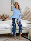 Pajamas Round Neck Top and Printed Pants Lounge Set S-XL