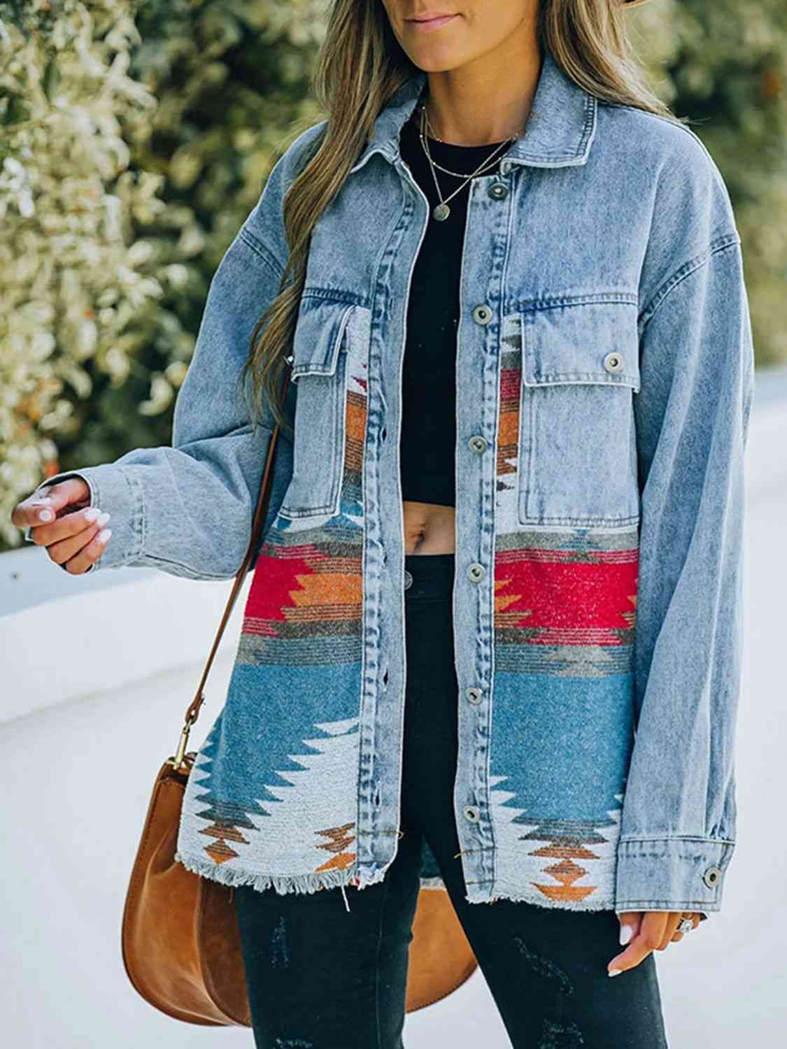 Collared Neck Dropped Shoulder Denim Jacket S-XL