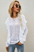 Openwork Round Neck Ruffled Sweater S-XL