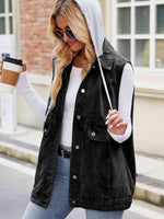 Drawstring Hooded Sleeveless Denim Jacket S-XL