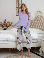 Pajamas Round Neck Top and Printed Pants Lounge Set S-XL