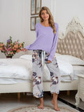 Pajamas Round Neck Top and Printed Pants Lounge Set S-XL