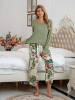 Pajamas Round Neck Top and Printed Pants Lounge Set S-XL