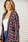 Double Take Full Size Multicolored Open Front Fringe Hem Cardigan S-3XL