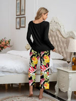 Pajamas Round Neck Top and Printed Pants Lounge Set S-XL