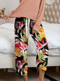 Pajamas Round Neck Top and Printed Pants Lounge Set S-XL