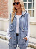 Drawstring Hooded Sleeveless Denim Jacket S-XL